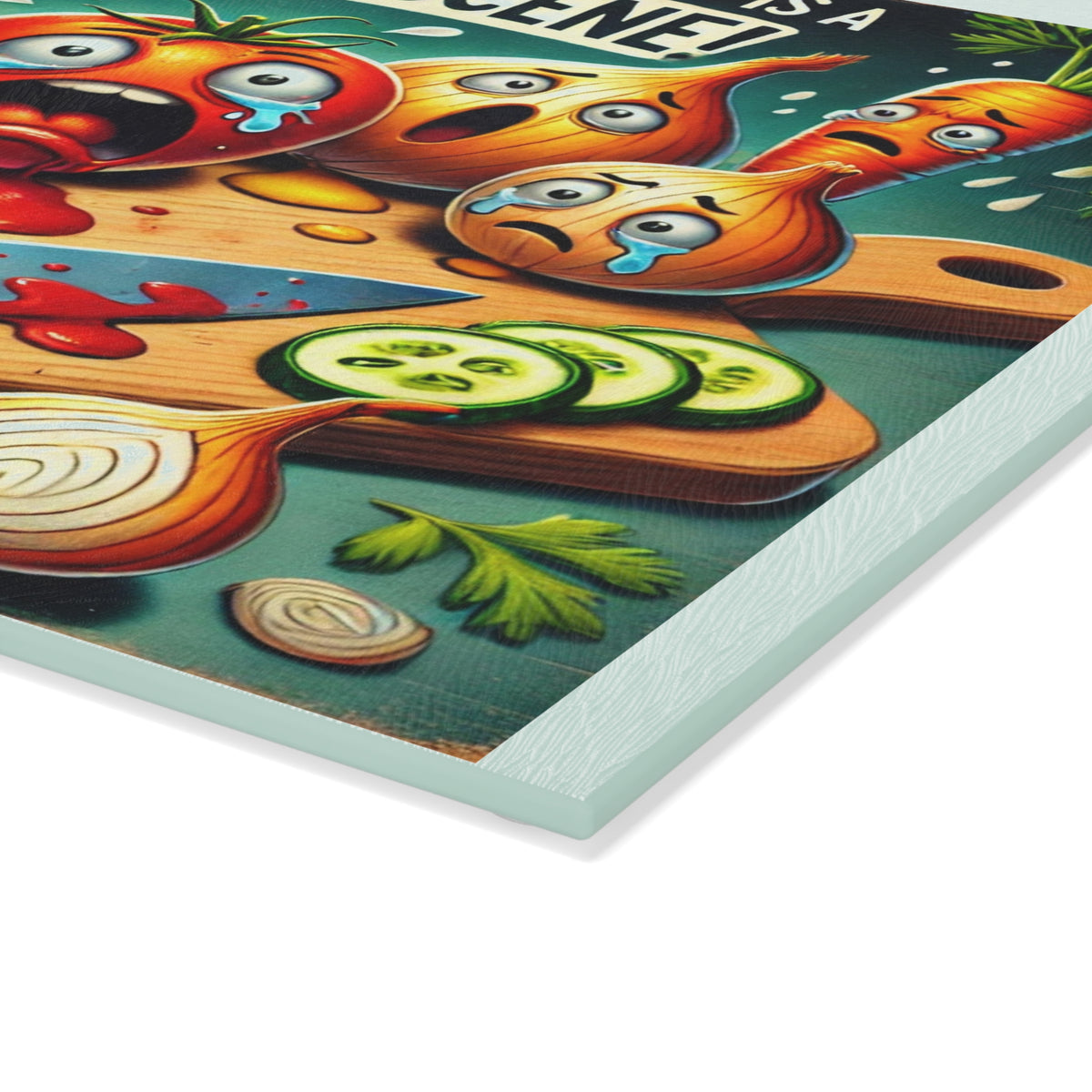 Glass Cutting Board - 'This Cutting Board Is A Crime Scene' Funny Kitchen Cutting Board with Cartoon Veggie Crime Scene
