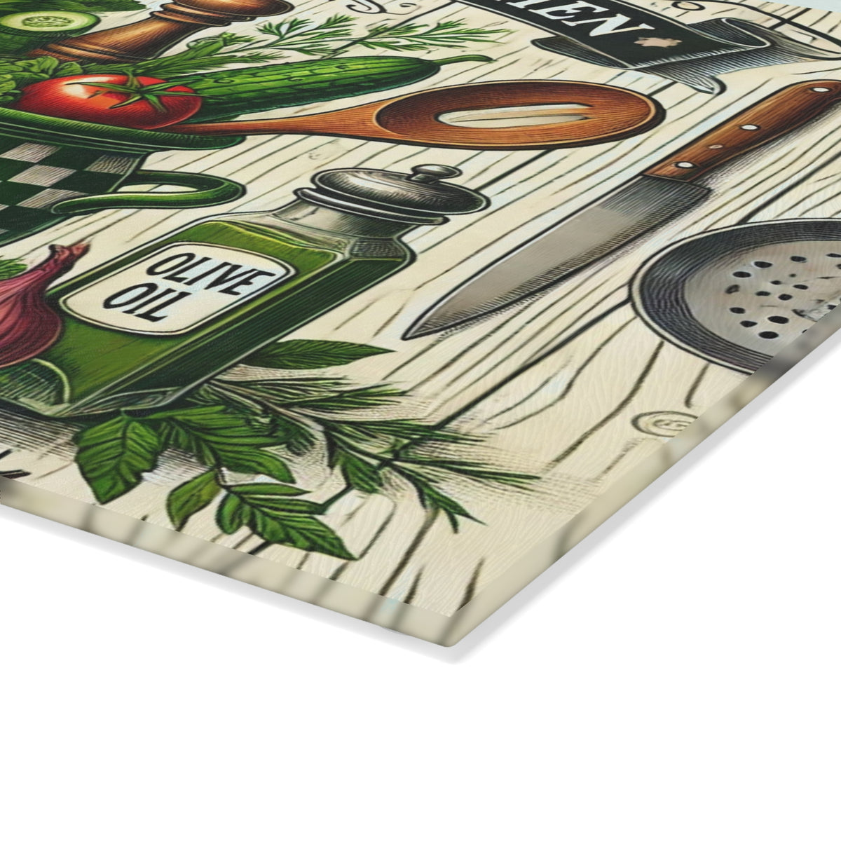 Glass Cutting Board — "Mom's Kitchen" Vintage Vegetable Design