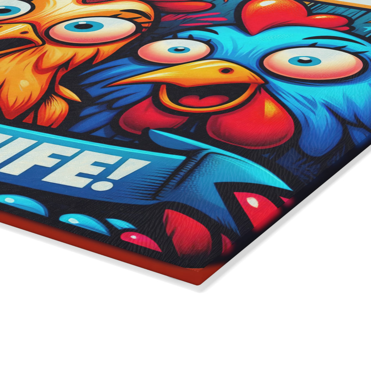 She's Got a Knife Glass Cutting Board — Colorful Cartoon Chickens Kitchen Board