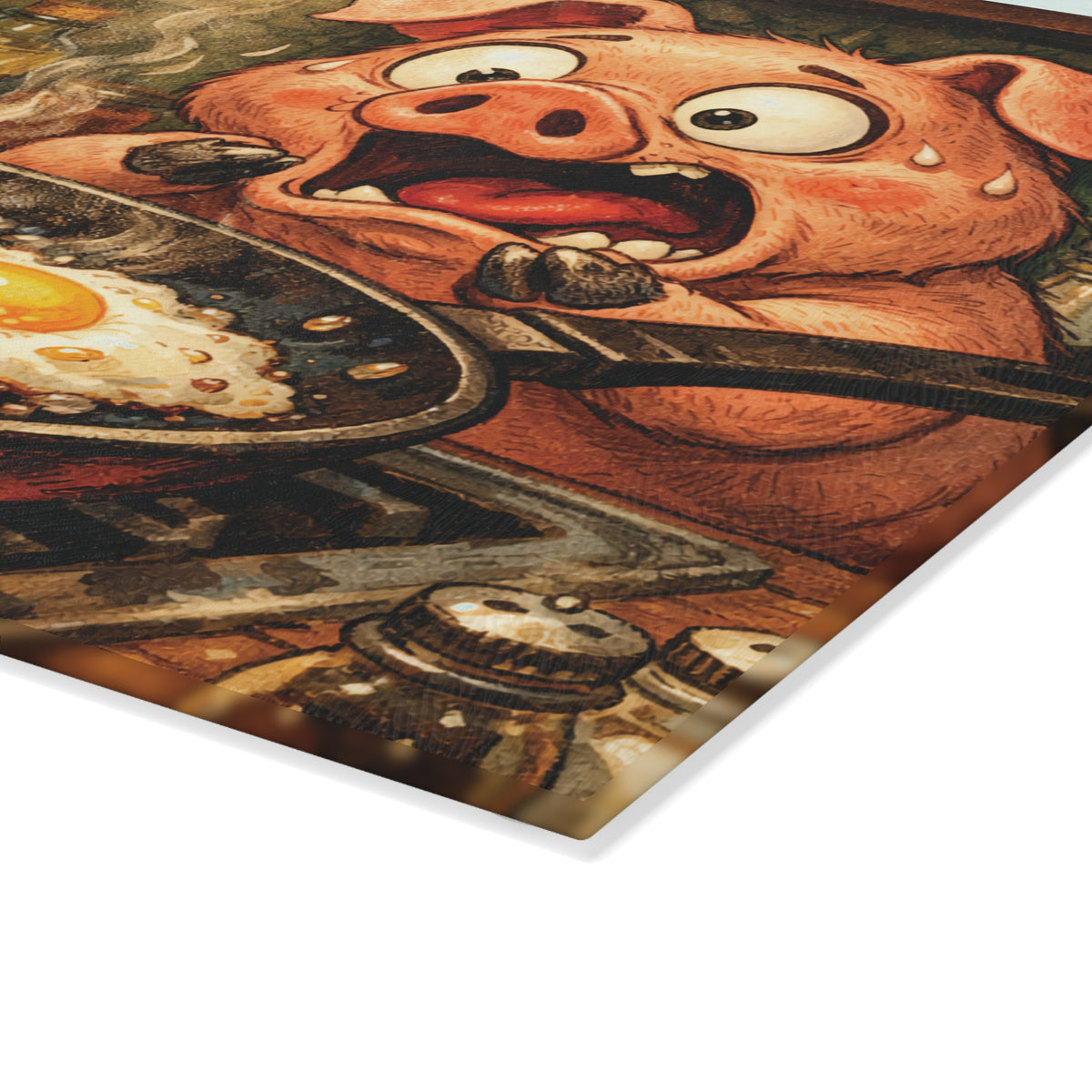 Glass Cutting Board — Funny Breakfast Pig & Chicken Illustration (Eggs & Bacon)