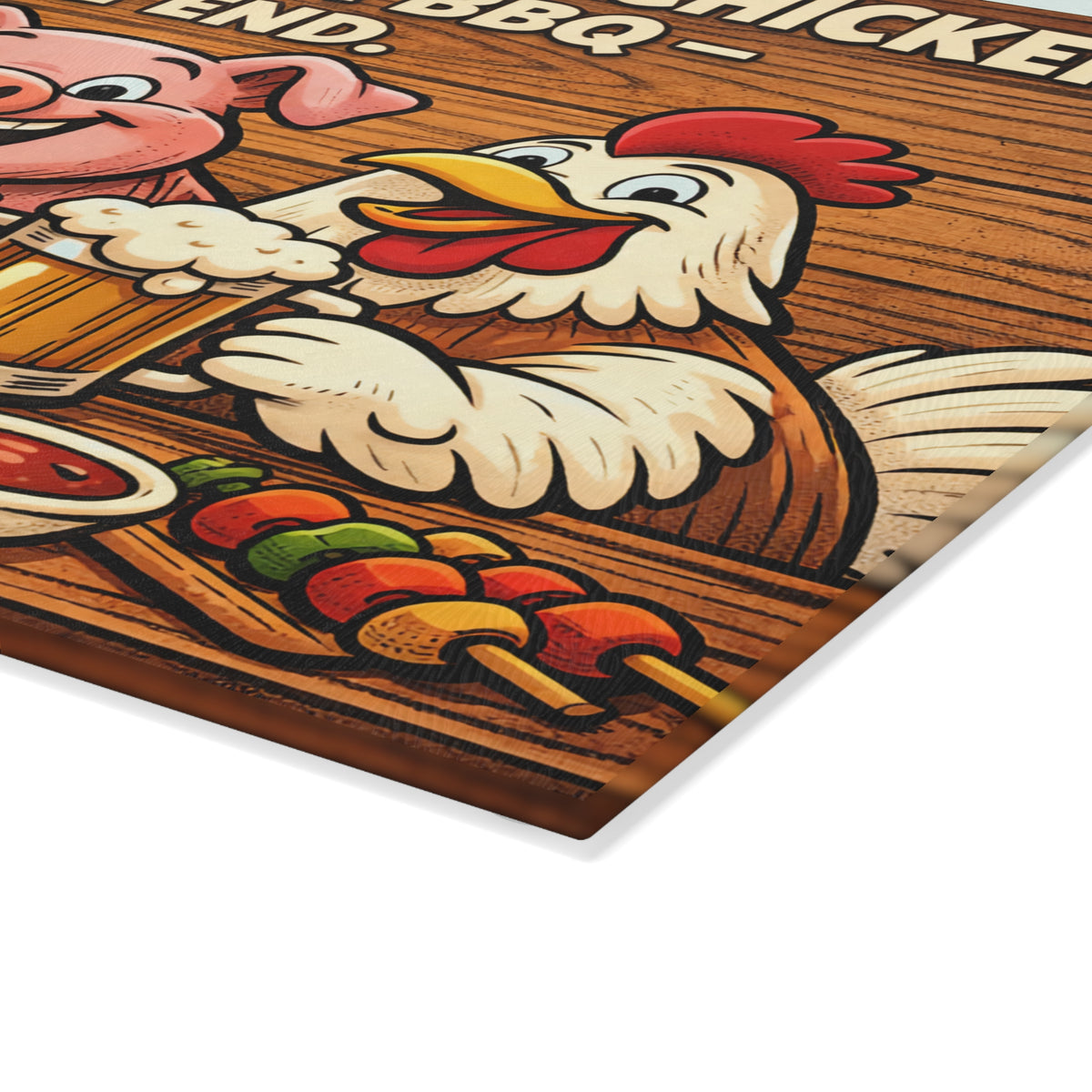 Glass Cutting Board — Funny BBQ Kitchen Decor: "A Cow, A Pig & A Chicken Walk Into A BBQ"