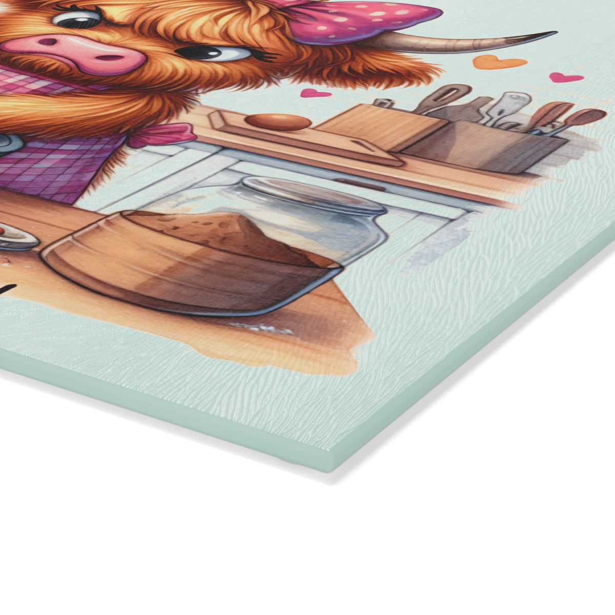 Glass Cutting Board — Cute Highland Cow Baking Kitchen Decor ("Baking My Feelings Again")