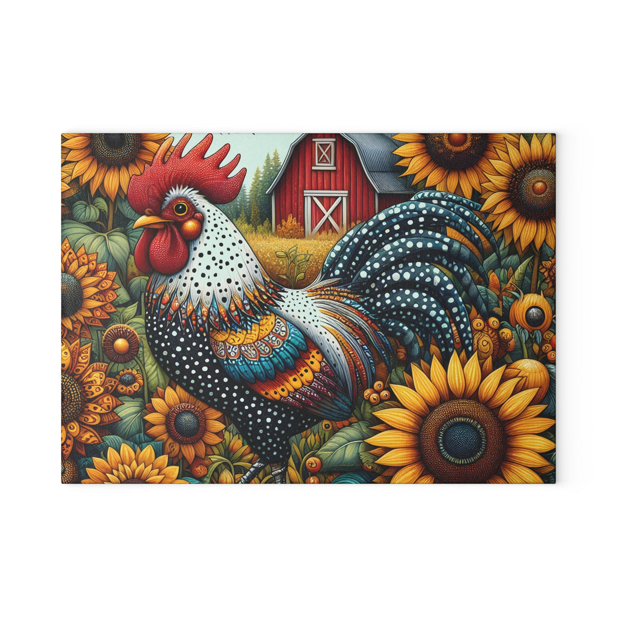 Rooster & Sunflowers Glass Cutting Board — Farmhouse Kitchen Decor