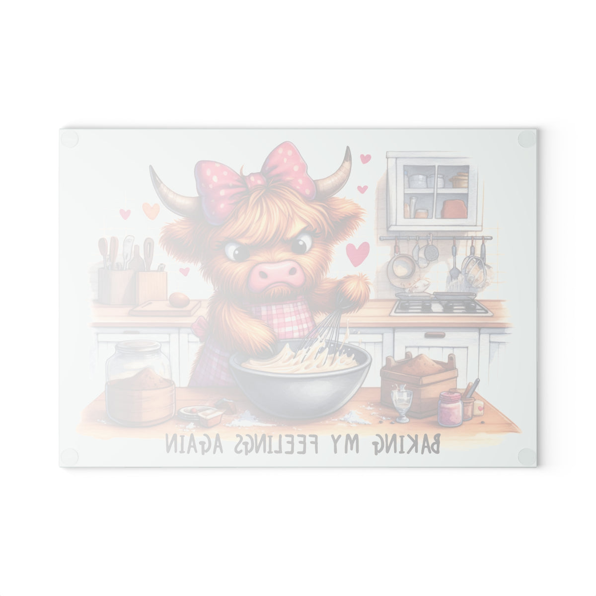 Glass Cutting Board — Cute Highland Cow Baking Kitchen Decor ("Baking My Feelings Again")