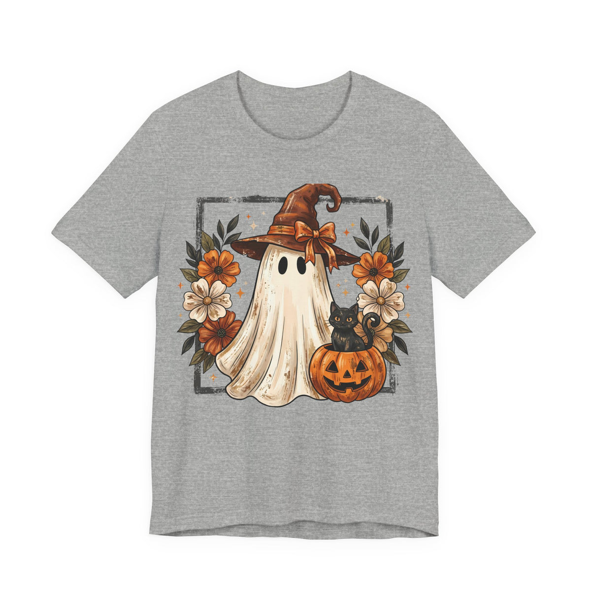 Halloween Ghost Tee — Cute Ghost with Witch Hat, Pumpkin & Black Cat Graphic Shirt