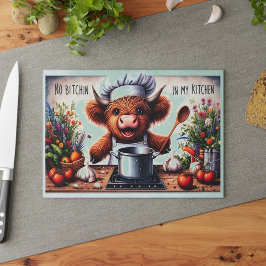 No Bitchin' In My Kitchen Glass Cutting Board — Cute Chef Cow Kitchen Decor