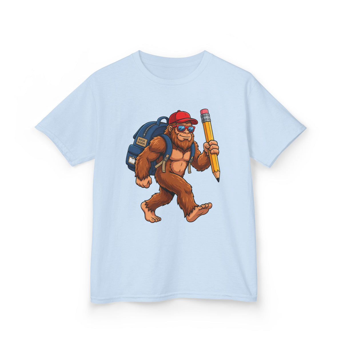 Kids Sasquatch Backpacker T‑Shirt — Cute Bigfoot with Pencil School Tee