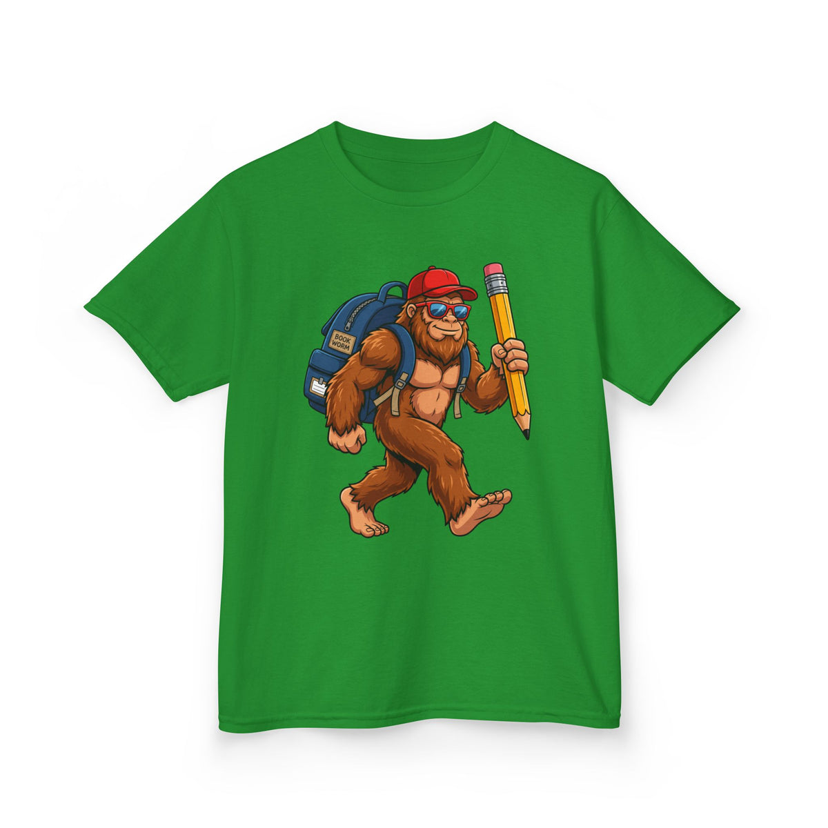 Kids Sasquatch Backpacker T‑Shirt — Cute Bigfoot with Pencil School Tee