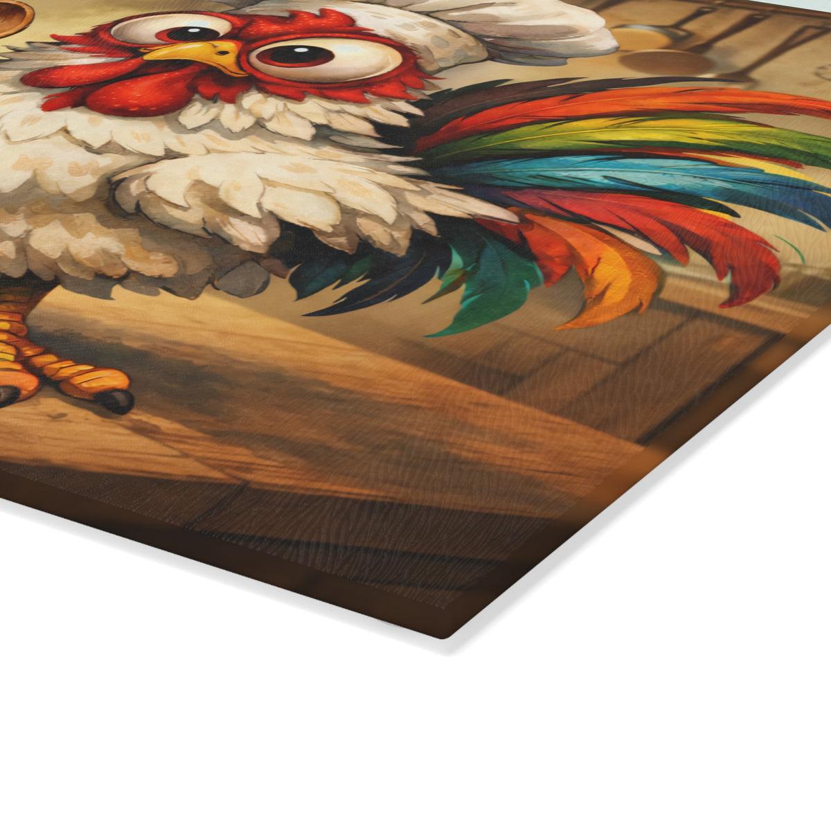 Glass Cutting Board — Whimsical Chef Rooster "Where There's Fat There's Flavor" Kitchen Décor