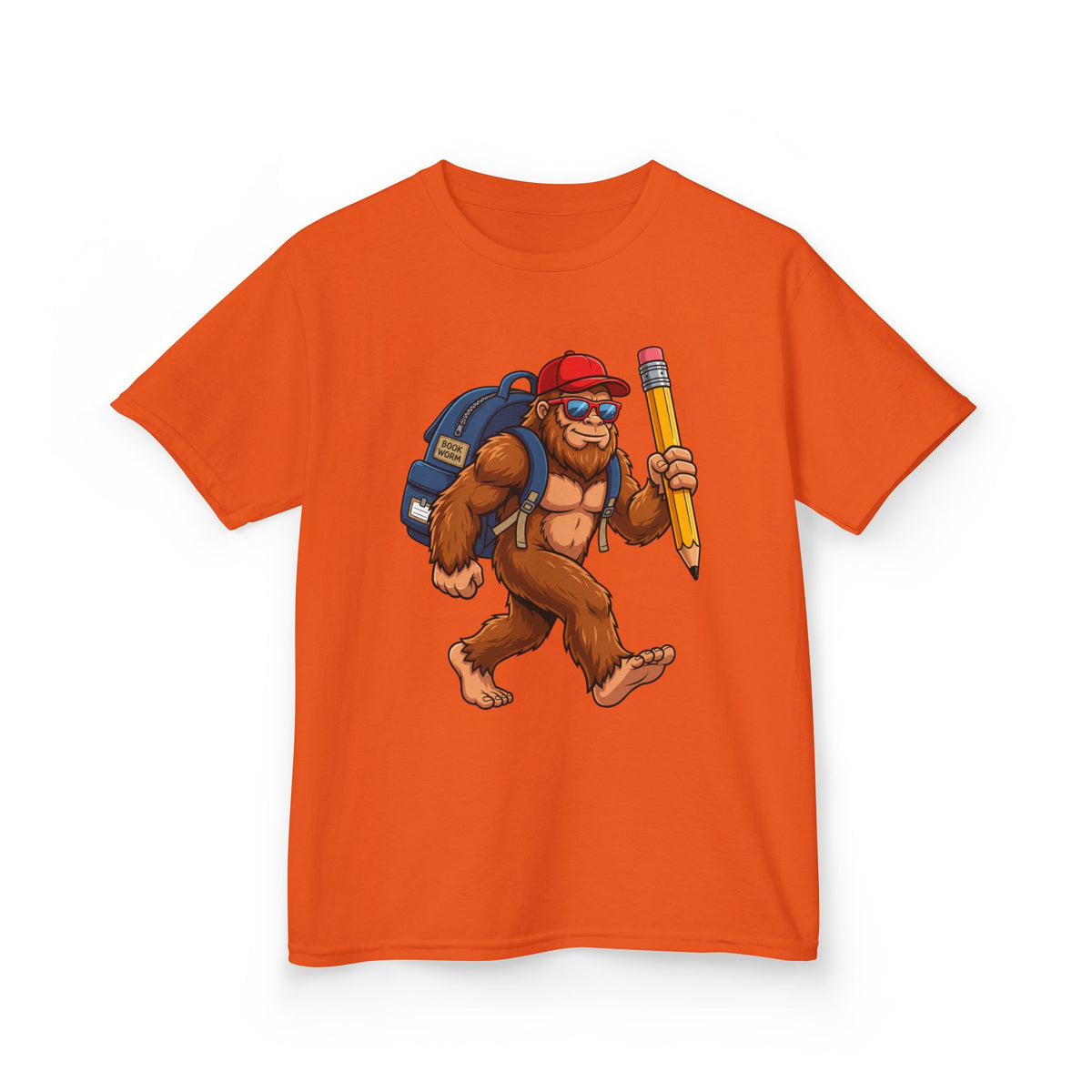 Kids Sasquatch Backpacker T‑Shirt — Cute Bigfoot with Pencil School Tee