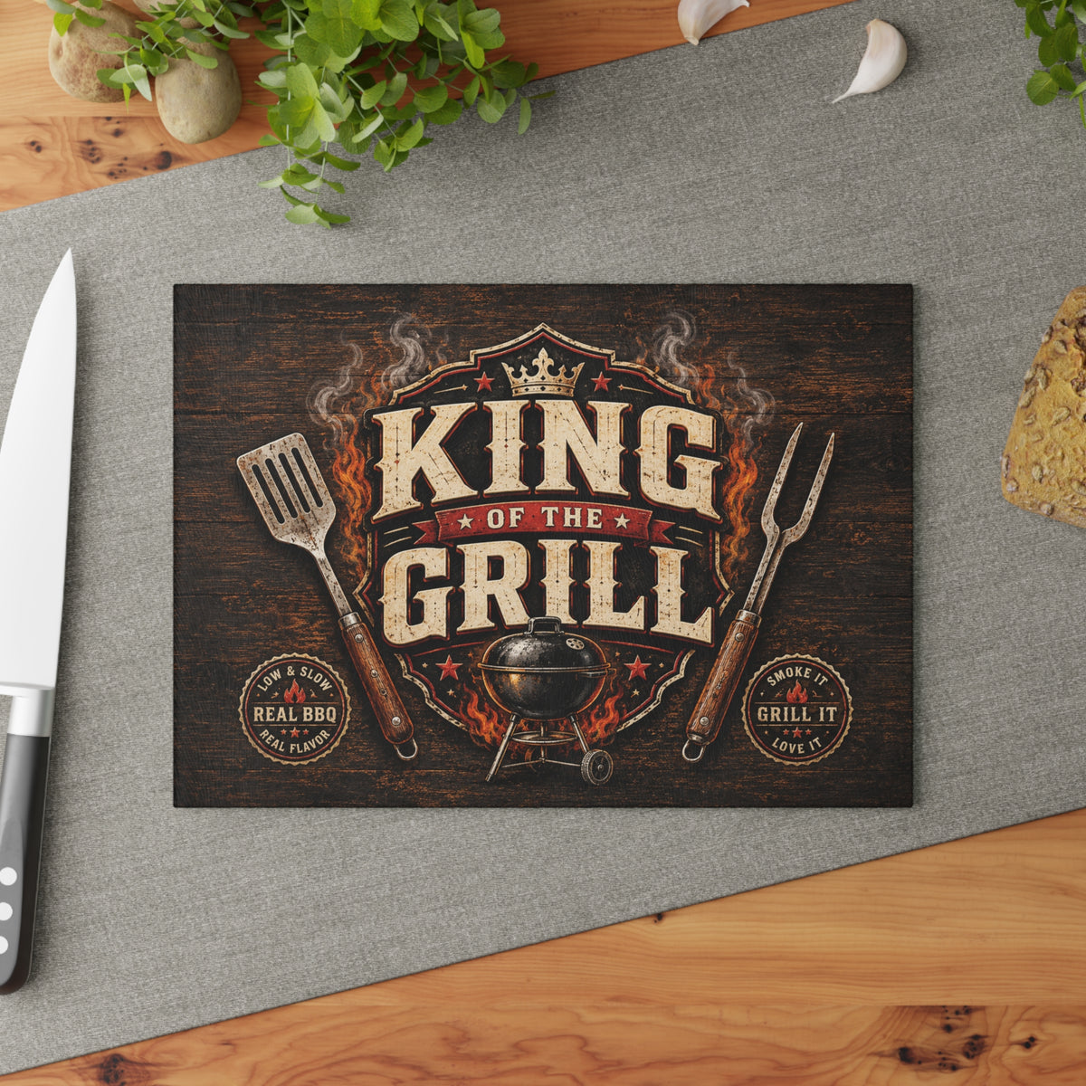 Glass Cutting Board — "King of the Grill" BBQ Decorative Chopping Board for Grill Masters, Father’s Day & Outdoor Cooking Gifts