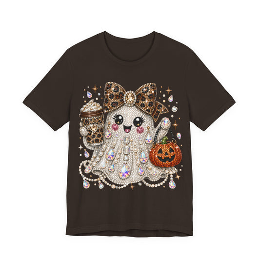 Cute Halloween Ghost Tee — Pumpkin, Coffee & Leopard Bow Graphic Shirt