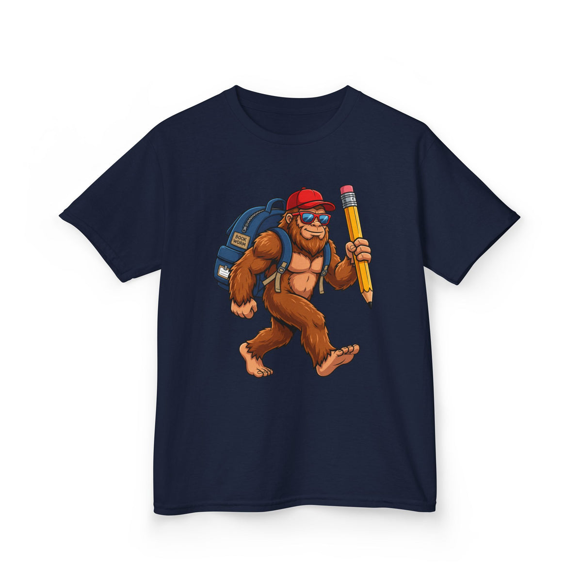 Kids Sasquatch Backpacker T‑Shirt — Cute Bigfoot with Pencil School Tee