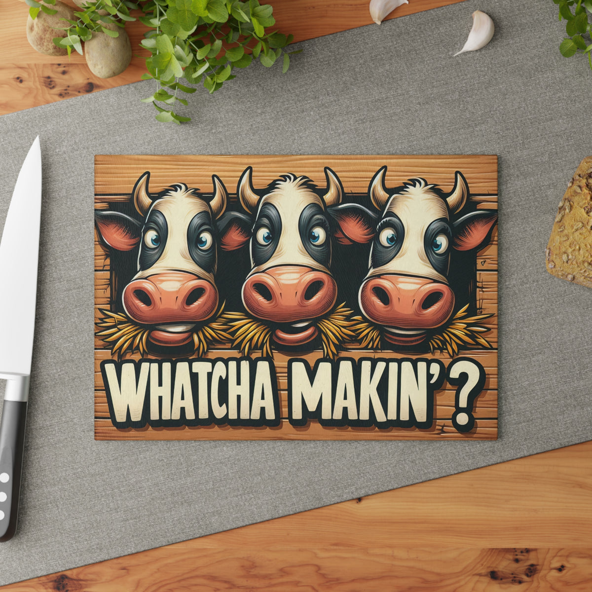 Whatcha Makin'? Cow Trio Glass Cutting Board — Funny Farmhouse Kitchen Decor