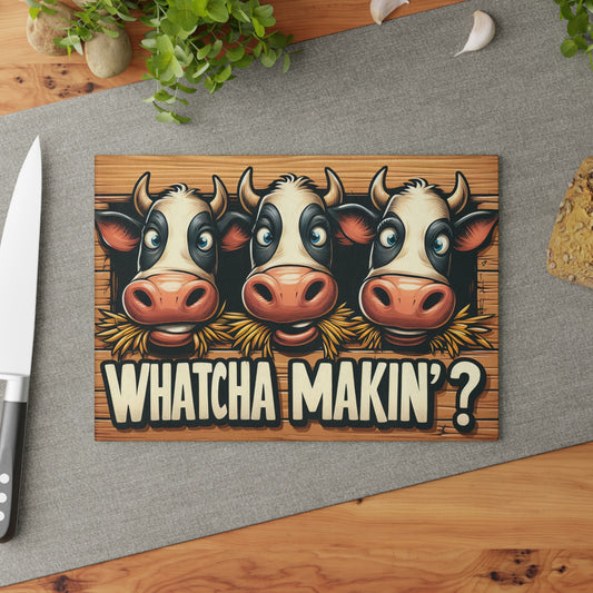 Whatcha Makin'? Cow Trio Glass Cutting Board — Funny Farmhouse Kitchen Decor