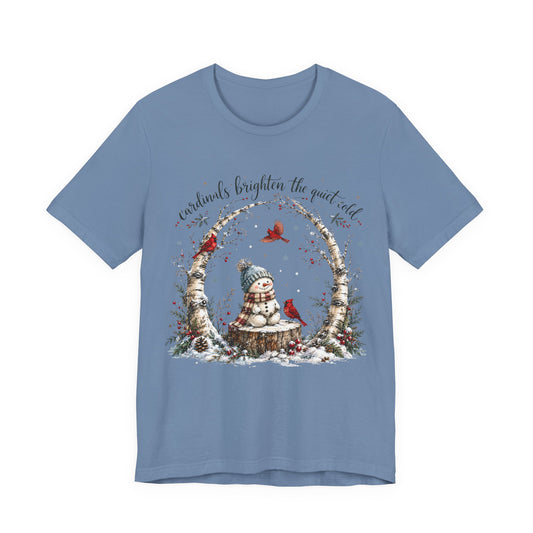 Cardinal Winter Tee — "Cardinals brighten the quiet days" Snowman Holiday T-Shirt