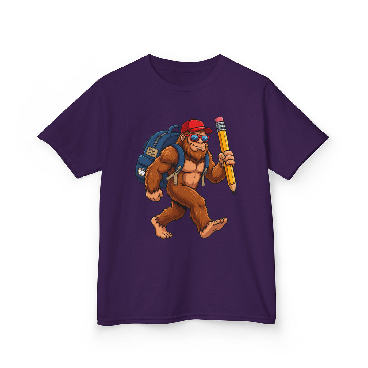 Kids Sasquatch Backpacker T‑Shirt — Cute Bigfoot with Pencil School Tee