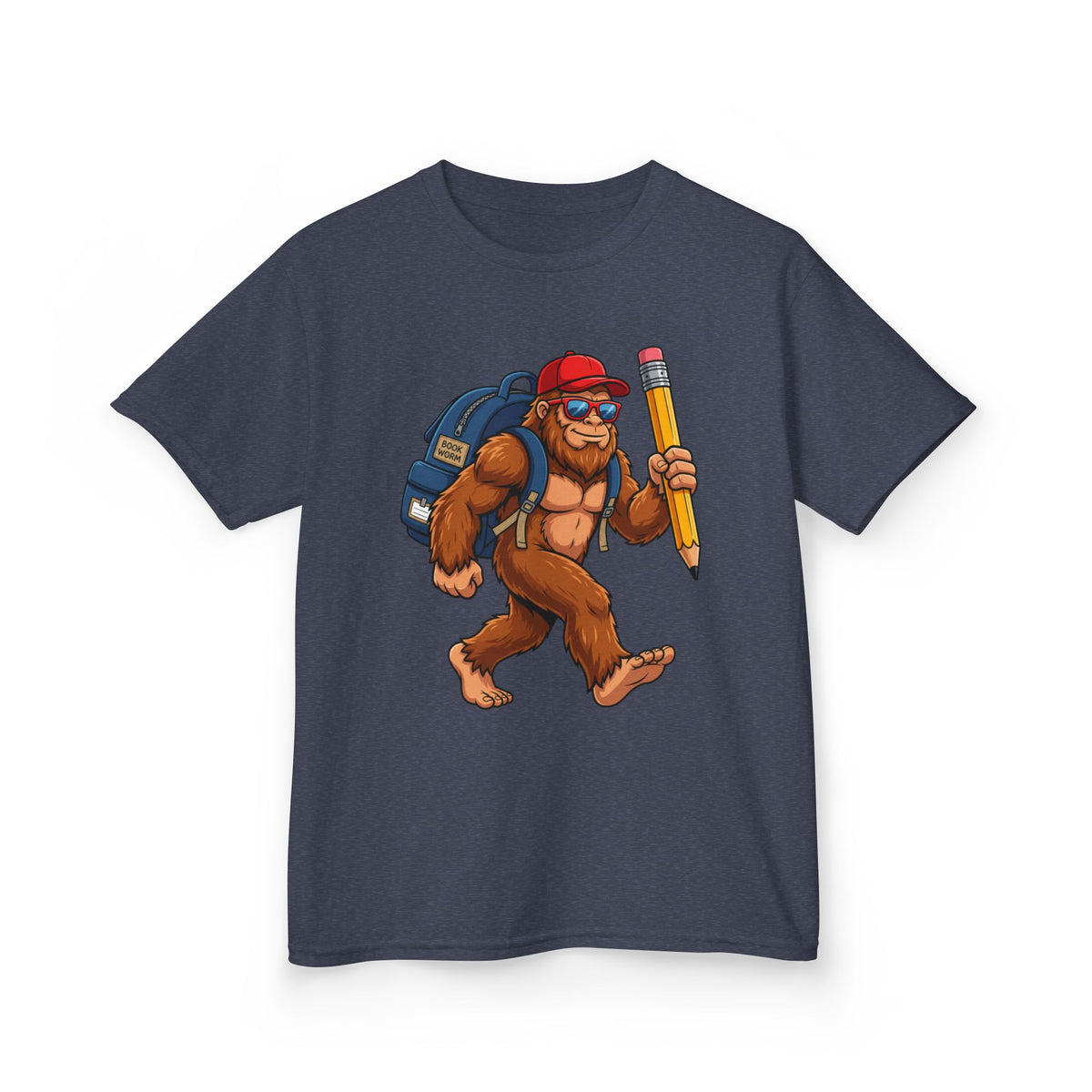 Kids Sasquatch Backpacker T‑Shirt — Cute Bigfoot with Pencil School Tee