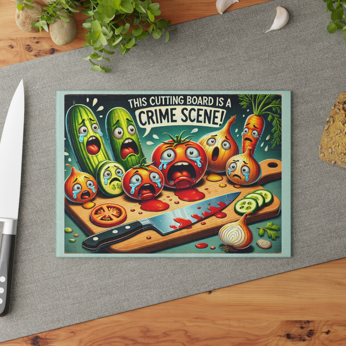 Glass Cutting Board - 'This Cutting Board Is A Crime Scene' Funny Kitchen Cutting Board with Cartoon Veggie Crime Scene