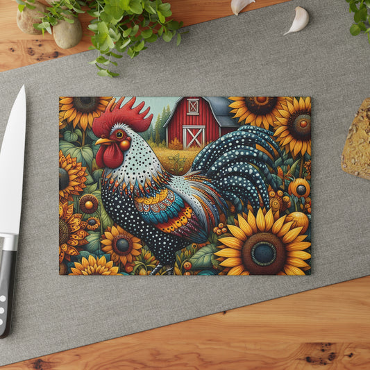 Rooster & Sunflowers Glass Cutting Board — Farmhouse Kitchen Decor