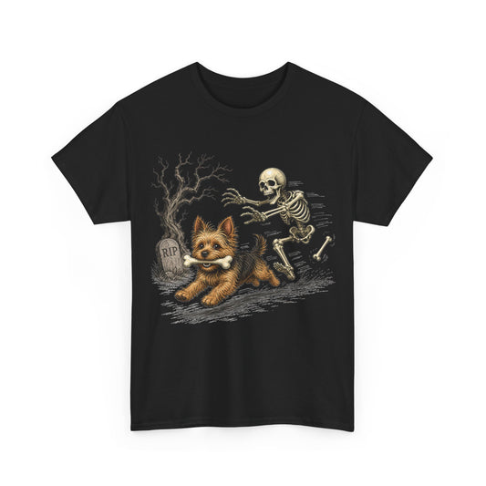 Halloween Dog Tee — Playful Puppy Running from Skeleton Graveyard Shirt