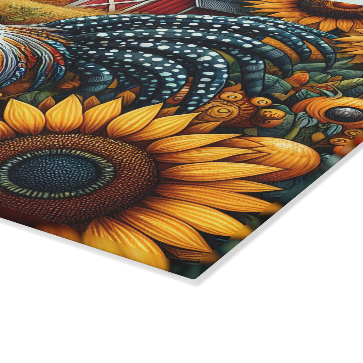Rooster & Sunflowers Glass Cutting Board — Farmhouse Kitchen Decor