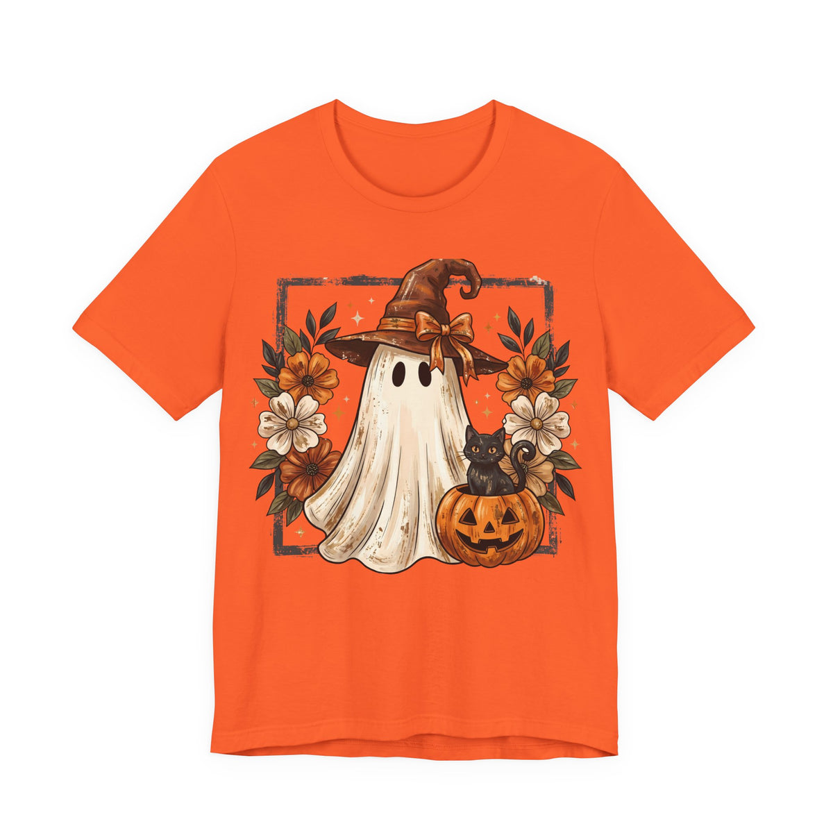 Halloween Ghost Tee — Cute Ghost with Witch Hat, Pumpkin & Black Cat Graphic Shirt