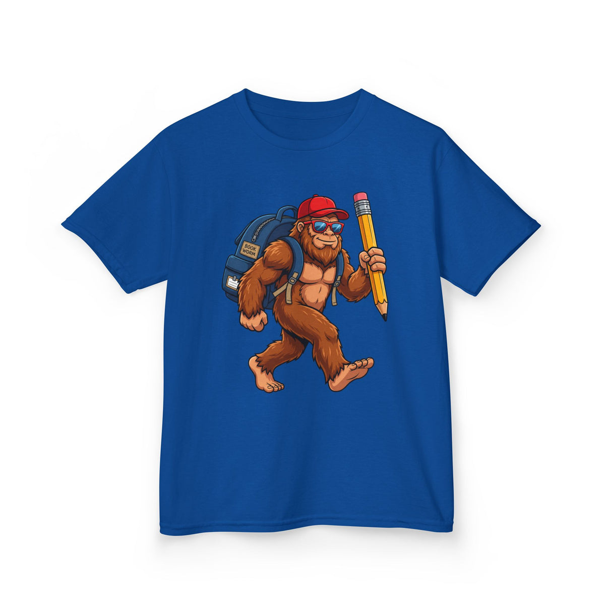 Kids Sasquatch Backpacker T‑Shirt — Cute Bigfoot with Pencil School Tee