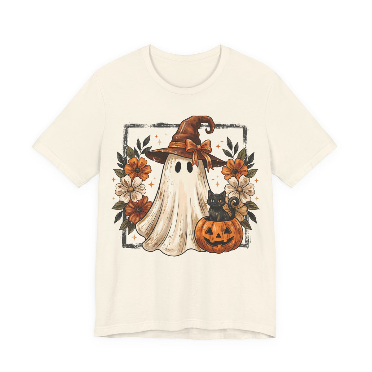 Halloween Ghost Tee — Cute Ghost with Witch Hat, Pumpkin & Black Cat Graphic Shirt
