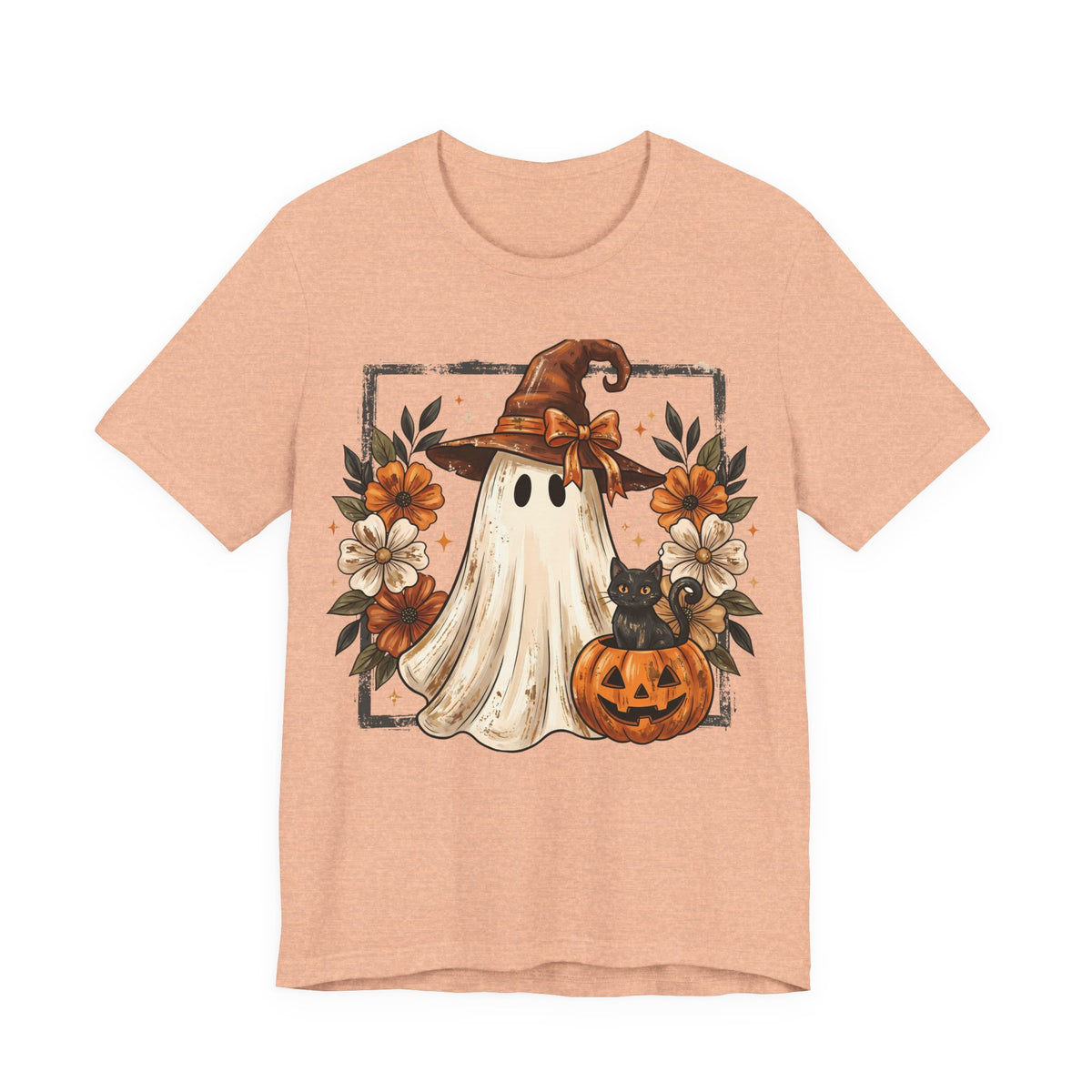 Halloween Ghost Tee — Cute Ghost with Witch Hat, Pumpkin & Black Cat Graphic Shirt