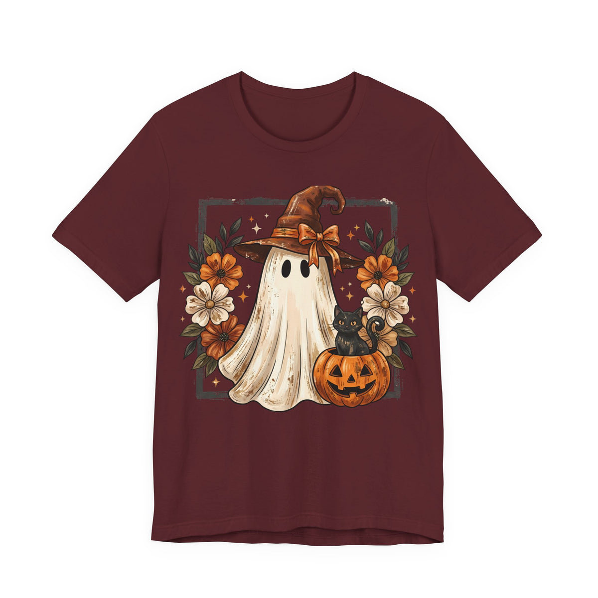 Halloween Ghost Tee — Cute Ghost with Witch Hat, Pumpkin & Black Cat Graphic Shirt