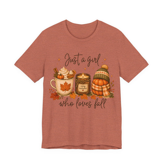 Fall Lovers Tee — "Just a Girl Who Loves Fall" Autumn Pumpkin & Candle T-Shirt