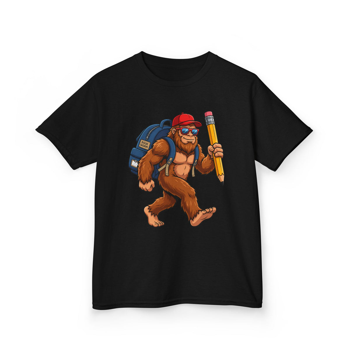 Kids Sasquatch Backpacker T‑Shirt — Cute Bigfoot with Pencil School Tee