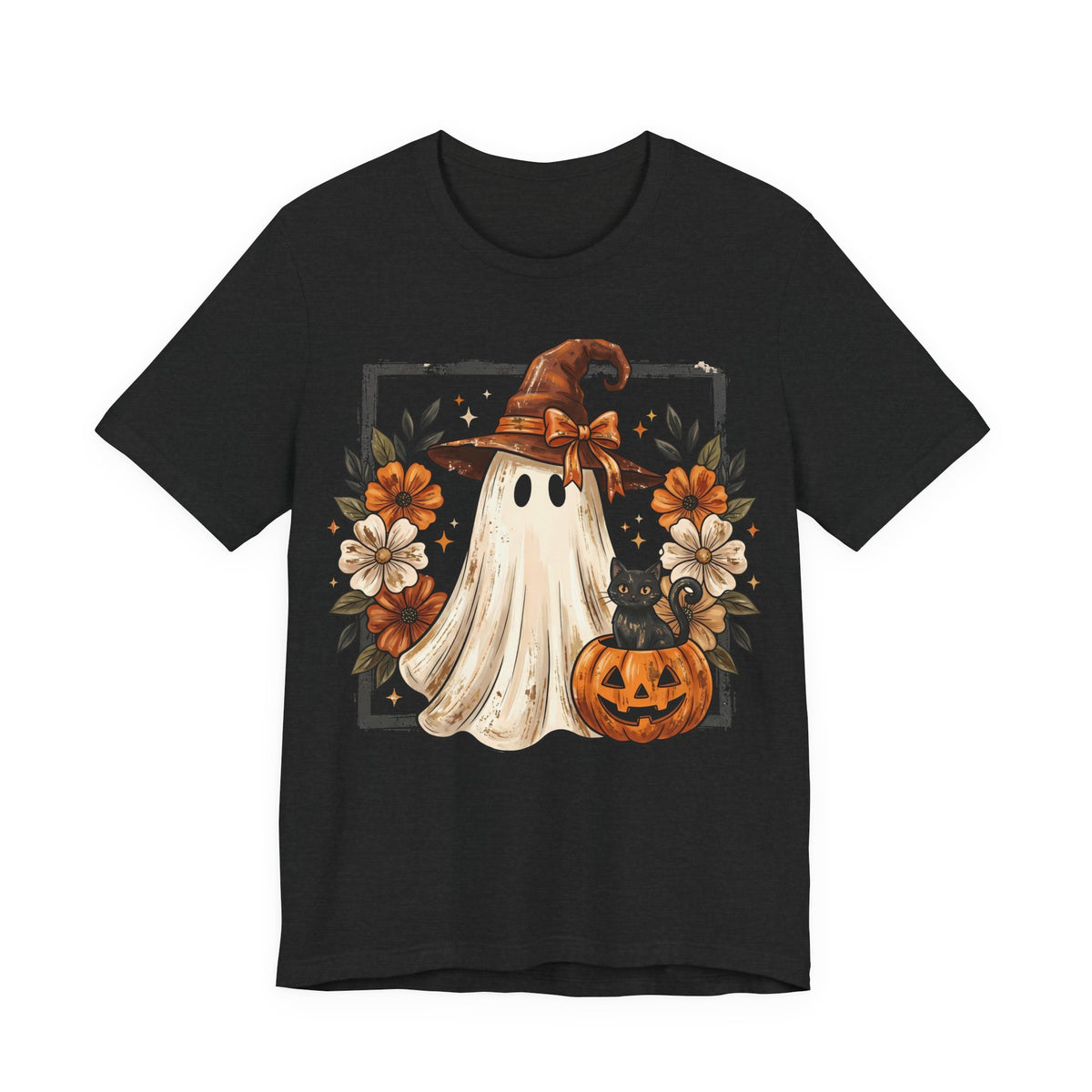 Halloween Ghost Tee — Cute Ghost with Witch Hat, Pumpkin & Black Cat Graphic Shirt