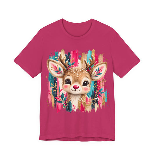 Cute Reindeer Face Tee — Colorful Holiday Deer Graphic T-Shirt
