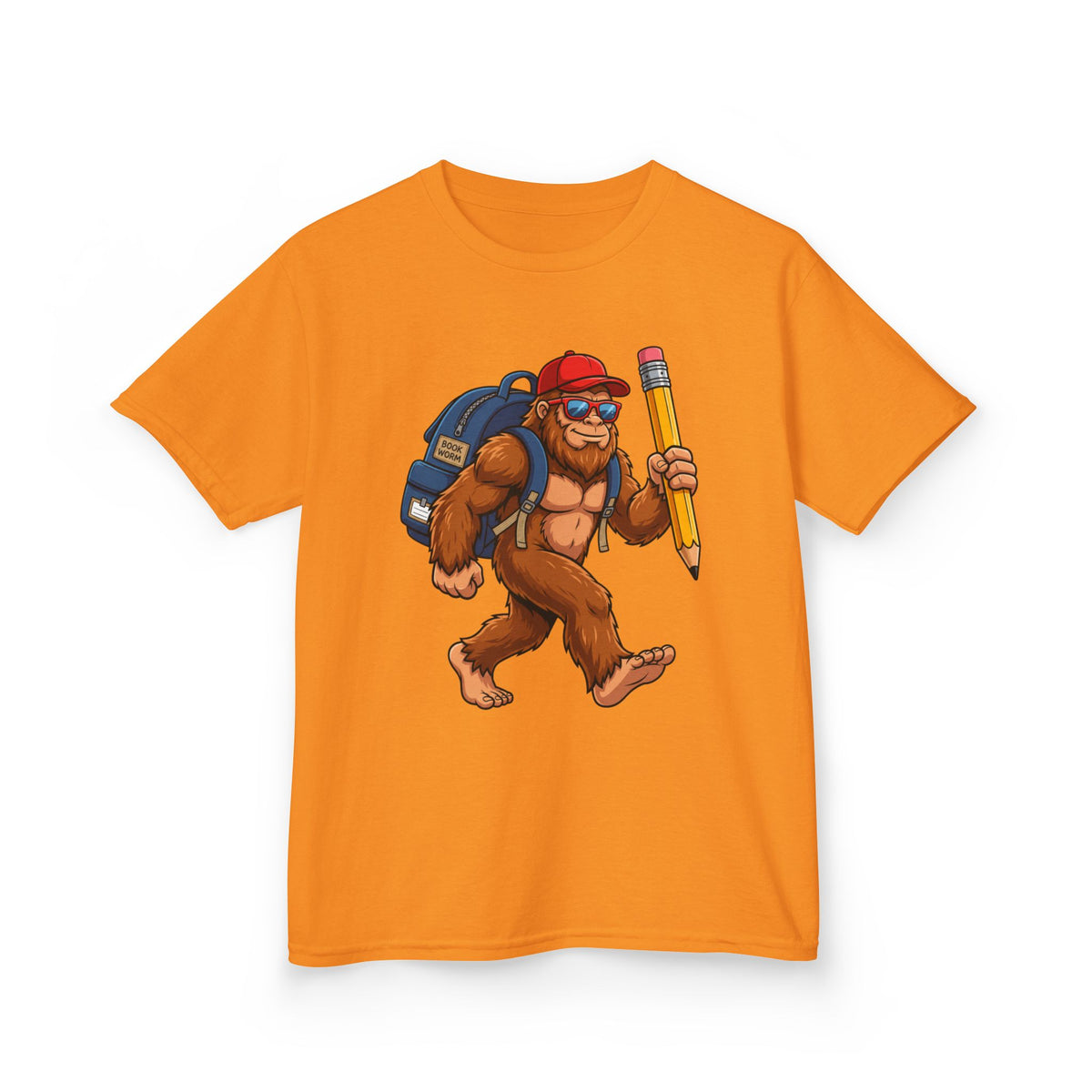 Kids Sasquatch Backpacker T‑Shirt — Cute Bigfoot with Pencil School Tee