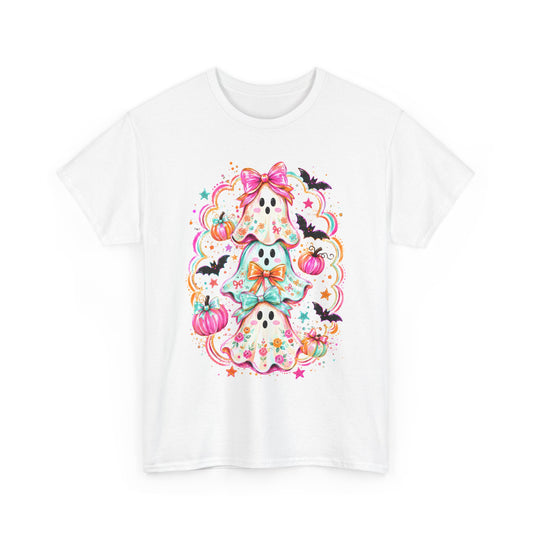 Cute Halloween Ghost Trio T-Shirt — Colorful Pumpkins, Bats & Bows Tee