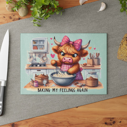 Glass Cutting Board — Cute Highland Cow Baking Kitchen Decor ("Baking My Feelings Again")