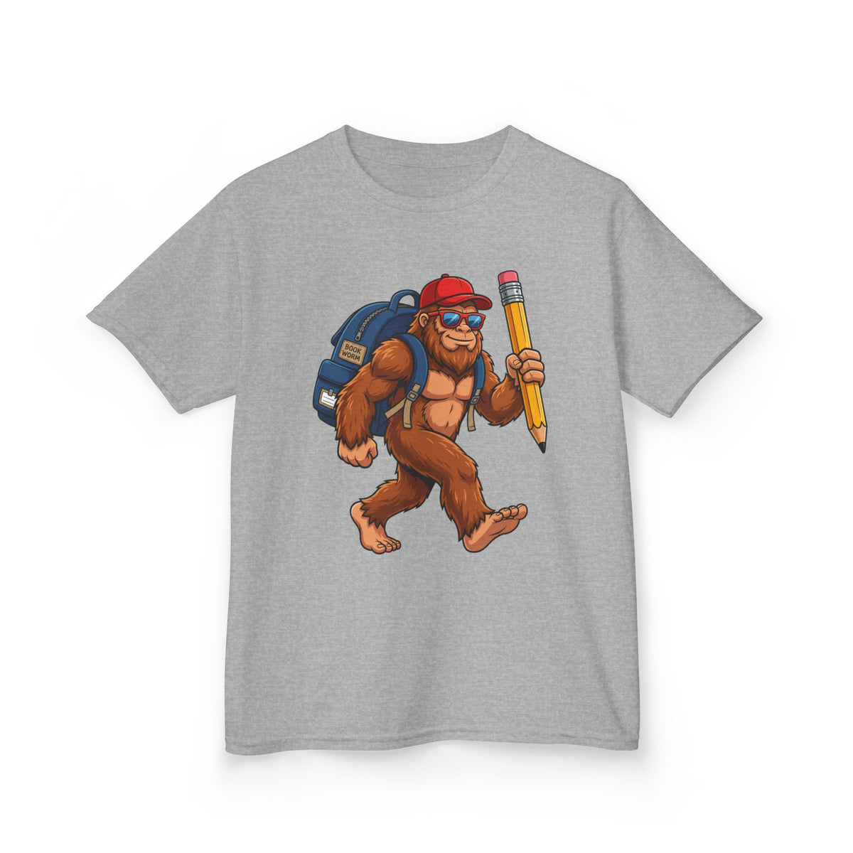 Kids Sasquatch Backpacker T‑Shirt — Cute Bigfoot with Pencil School Tee