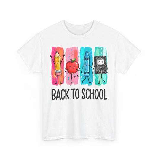 Back to School Kids T-Shirt — Cute Pencil, Apple & Crayon School Supplies Tee