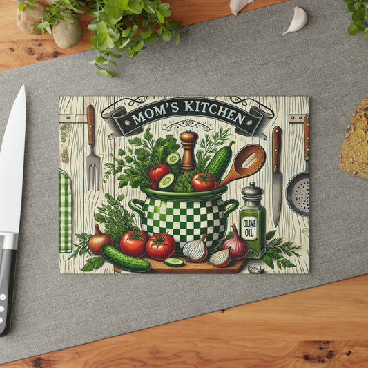 Glass Cutting Board — "Mom's Kitchen" Vintage Vegetable Design