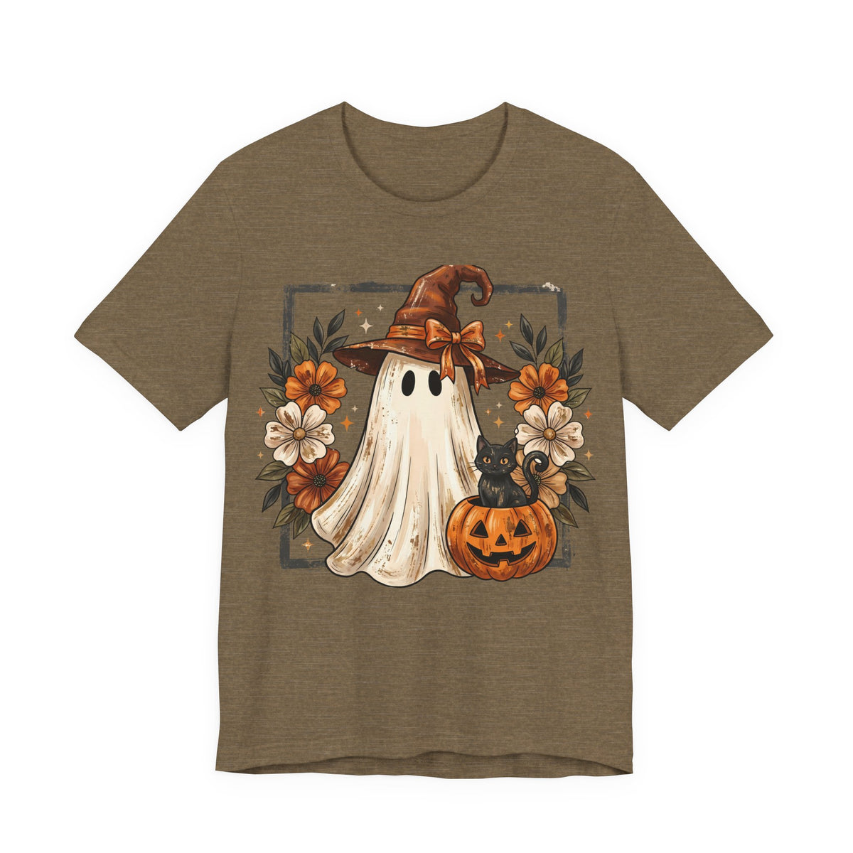 Halloween Ghost Tee — Cute Ghost with Witch Hat, Pumpkin & Black Cat Graphic Shirt