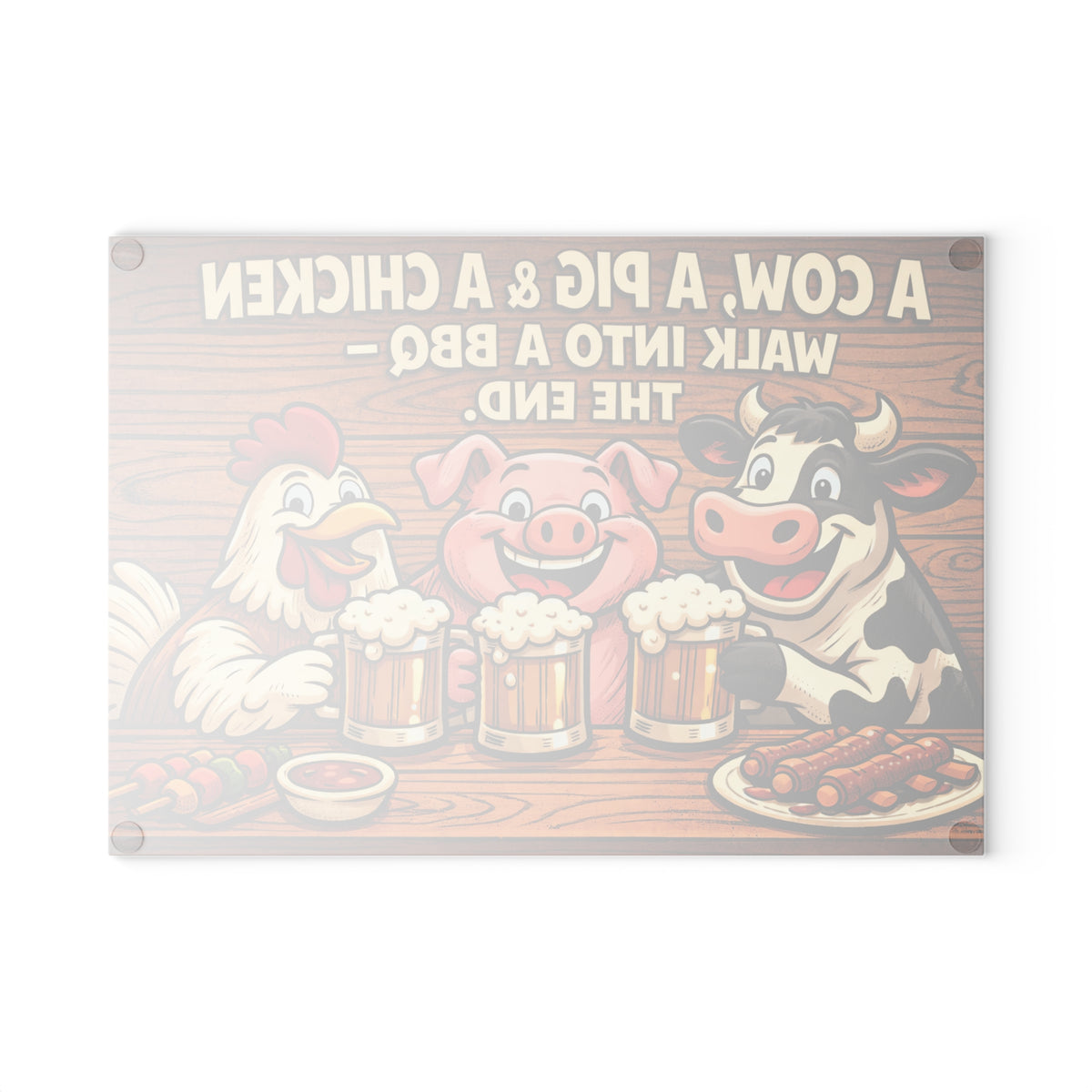 Glass Cutting Board — Funny BBQ Kitchen Decor: "A Cow, A Pig & A Chicken Walk Into A BBQ"