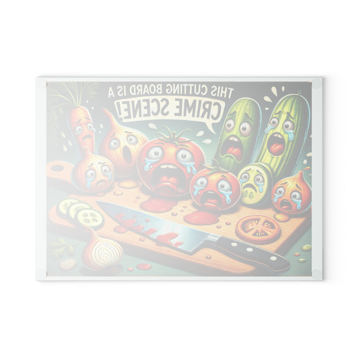 Glass Cutting Board - 'This Cutting Board Is A Crime Scene' Funny Kitchen Cutting Board with Cartoon Veggie Crime Scene