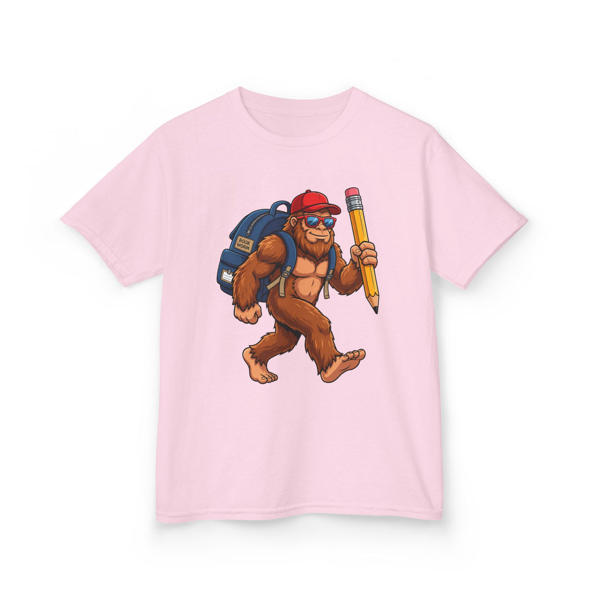 Kids Sasquatch Backpacker T‑Shirt — Cute Bigfoot with Pencil School Tee