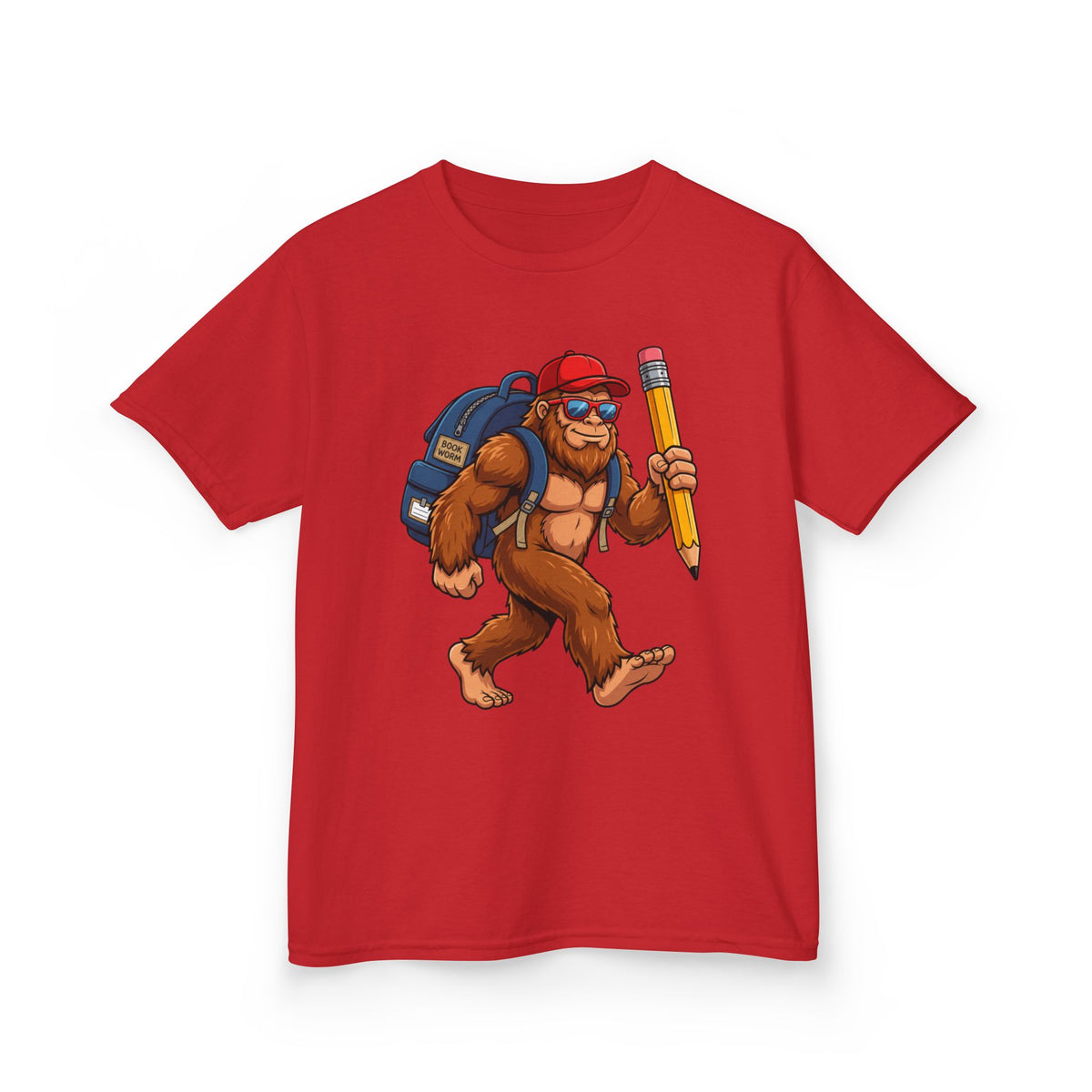 Kids Sasquatch Backpacker T‑Shirt — Cute Bigfoot with Pencil School Tee