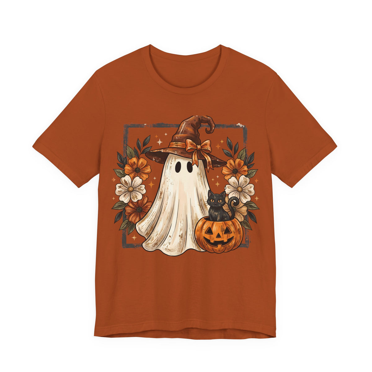 Halloween Ghost Tee — Cute Ghost with Witch Hat, Pumpkin & Black Cat Graphic Shirt