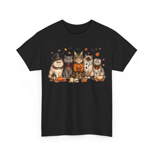 Halloween Cats T‑Shirt — Cute Cats in Costumes Pumpkin & Witch Illustration