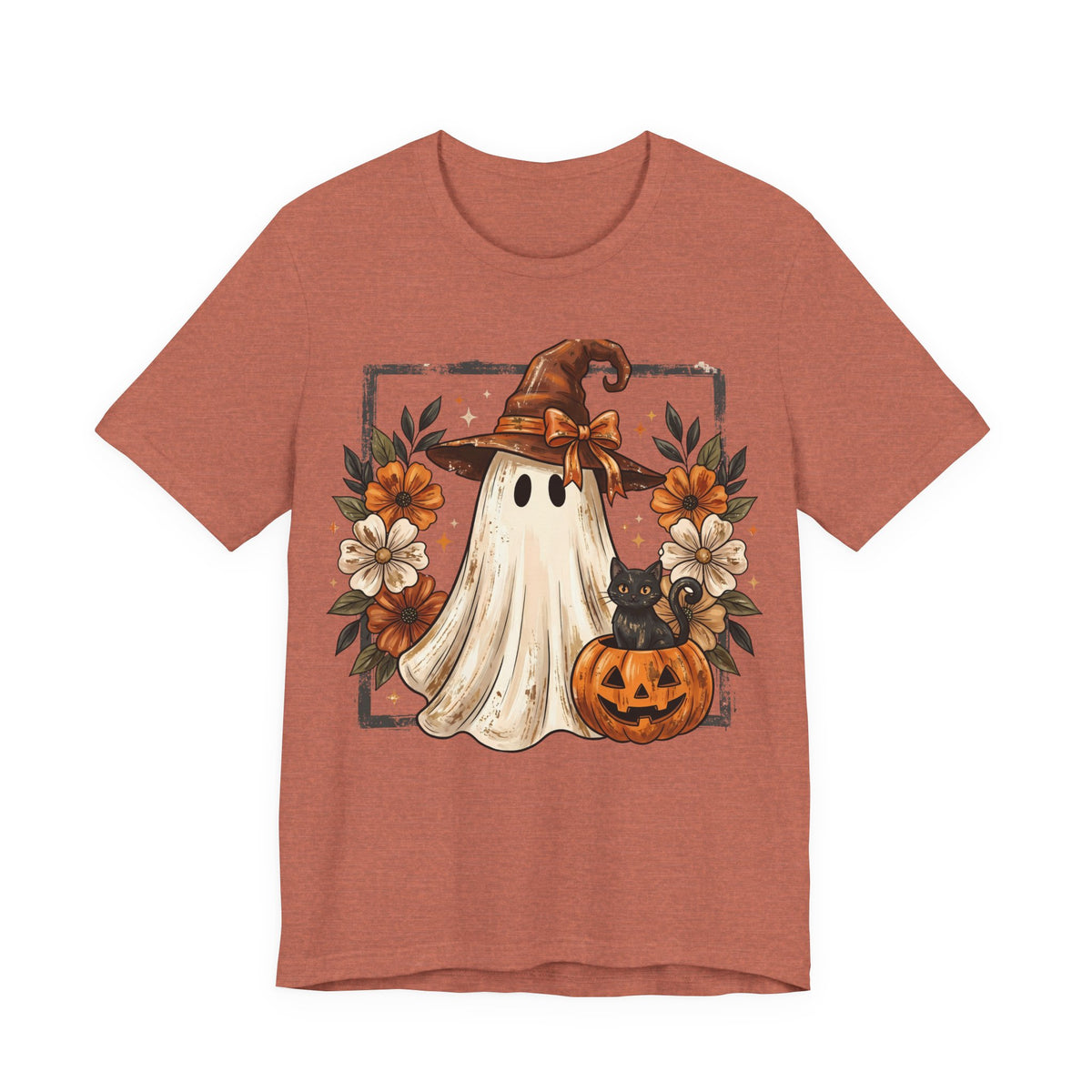 Halloween Ghost Tee — Cute Ghost with Witch Hat, Pumpkin & Black Cat Graphic Shirt