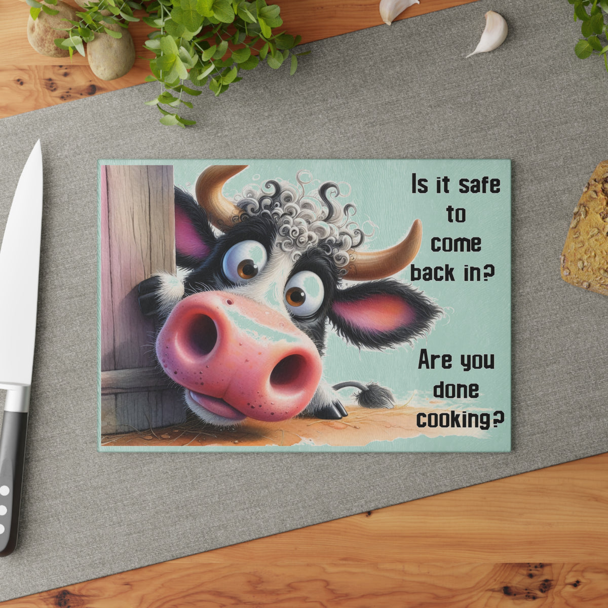 Funny Cow Glass Cutting Board – "Is it safe to come back in? Are you done cooking?" Kitchen Decor